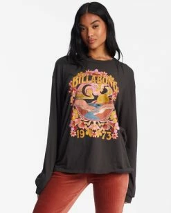 Promo 🎉 Billabong Flower Child Long Sleeve Graphic Boyfriend T-Shirt OFF BLACK ✨ -Womens-clothing Shop abjzt00968 billabongw ofb frt1 1