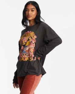 Promo 🎉 Billabong Flower Child Long Sleeve Graphic Boyfriend T-Shirt OFF BLACK ✨ -Womens-clothing Shop abjzt00968 billabongw ofb sd1 1