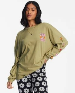 Flash Sale 🥰 Billabong Take It Easy Long Sleeve Graphic Boyfriend T-Shirt ARMY 💯 -Womens-clothing Shop abjzt00971 billabongw arm frt1 1